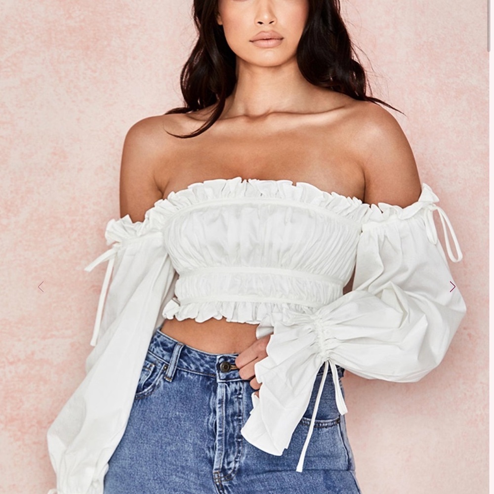 House of CB White Off-Shoulder Ruffle Crop Top